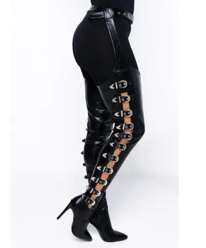 Sexy Women Black Leather Sliver Metal Buckles Hollow Pointed Toe Stiletto Heels Waist Belt Buckle Over The Knee Boots Long Botas