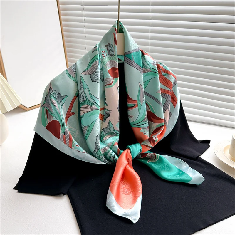 90*90cm Luxury Brand Twill Silk Large Scarf Women Fashion Belt Pattern Satin Square Female Design Handkerchief Bandanna Foulard