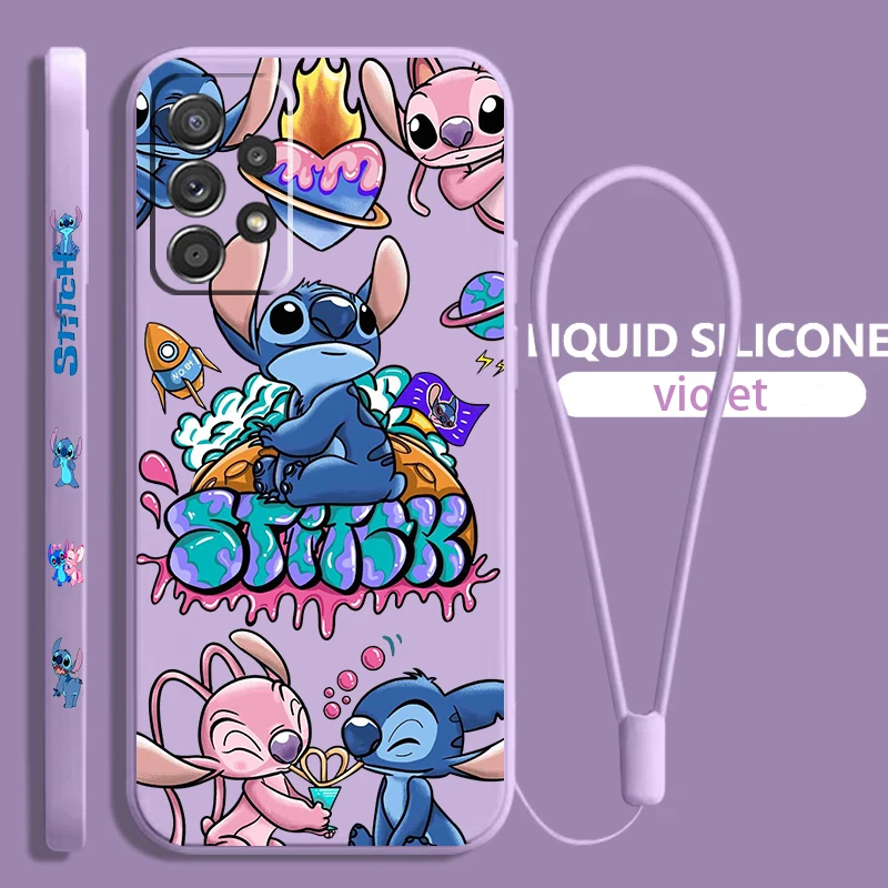 Stitch Anime Cute Art For Samsung Galaxy A73 A54 A34 A53 A33 A52 A32 A22 A71 A51 A21S 4G 5G Liquid Left Rope Phone Case Fundas