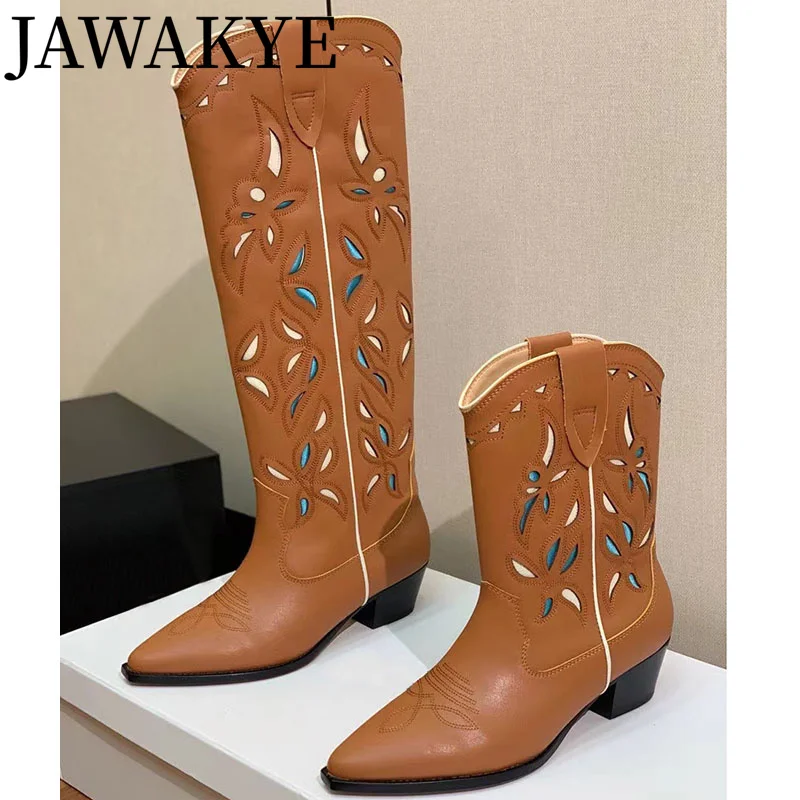 Designer Runway Dress Over The Knee Boots Classic Chunky Heel Women Pointed toe Leather Boots Hollow pattern Suede Long Boot