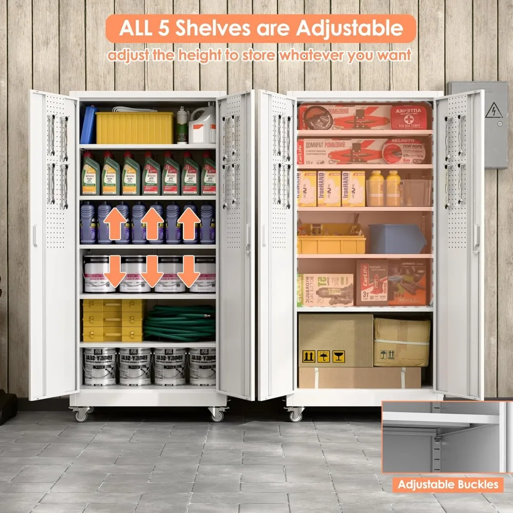Металлический шкаф для хранения на колесах, 71 Г x 32 Вт x 16D, 5 регулируемых полок, 4 крючка, стальной органайзер для гаража