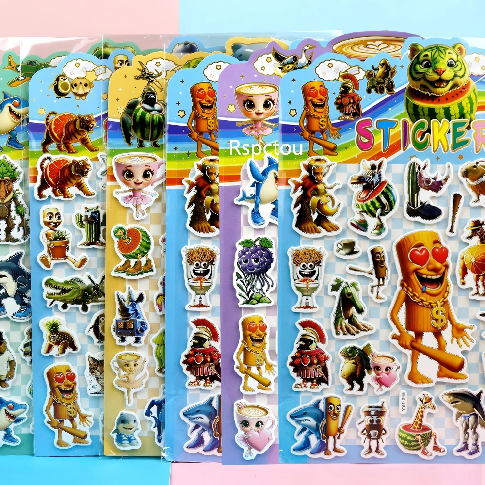 6pcs Tung Tung Sahur Meme 3D Bubble Puffy Stickers Italiaanse Brainrot Decals DIY Laptop Telefoon Dagboek Grappige Decoratie sticker