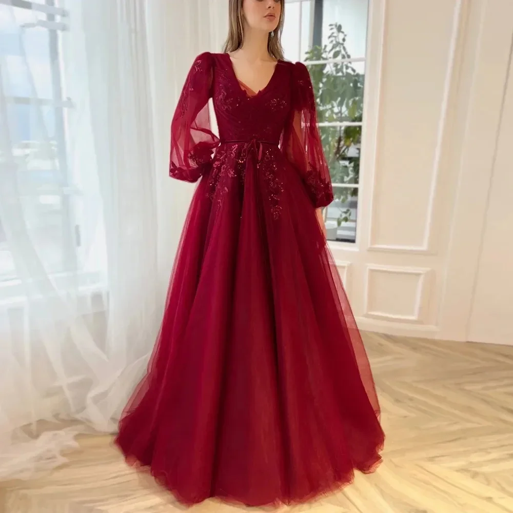 

Luxury Burgundy Prom Dresses Vestidos De Festa Tulle A-Line Long Sleeves V-Neck Sequin Appliques Maxi Evening Party Gowns HOT