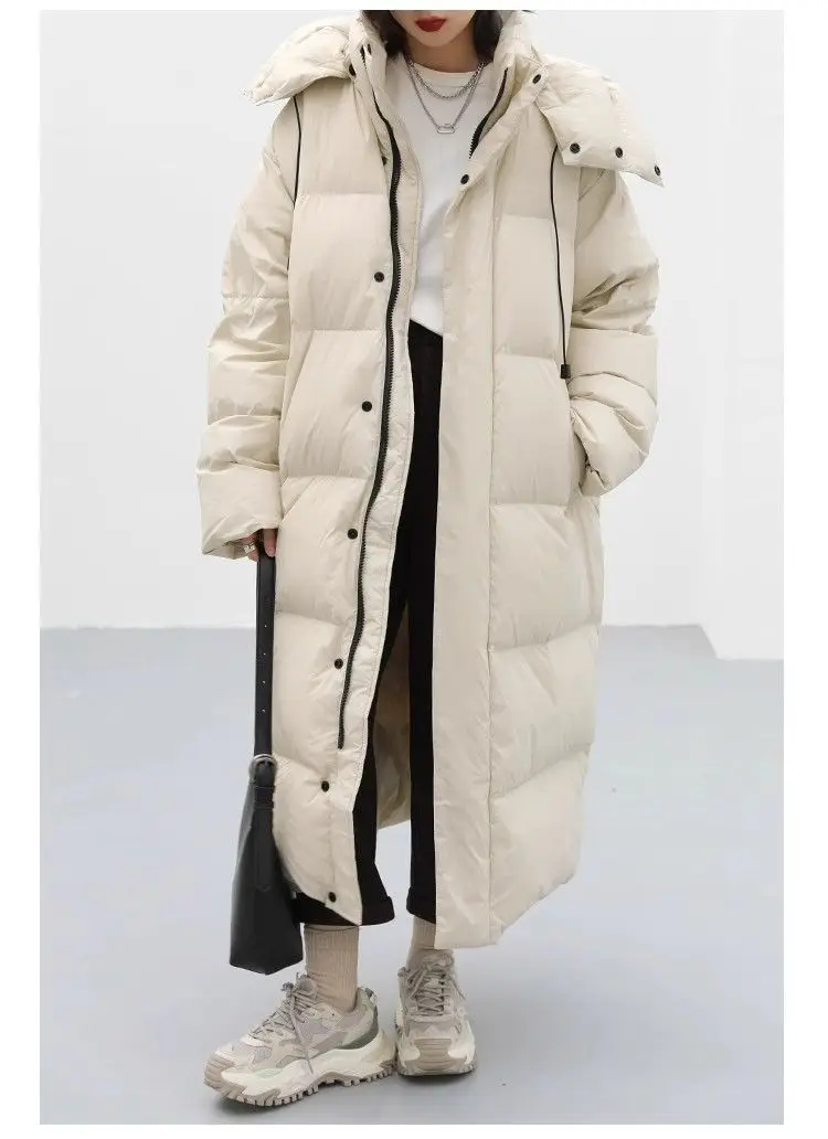 Winter New Down Coat Women Mid Length Windproof Hooded Standing Collar Loose Warm Casual White Duck Down Coat