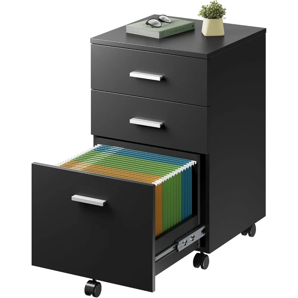 

Деревянный мобильный шкаф для документов с 3 ящиками, шкаф для документов на колесиках для размеров Letter/A4, подставка для принтера для домашнего офиса, черный