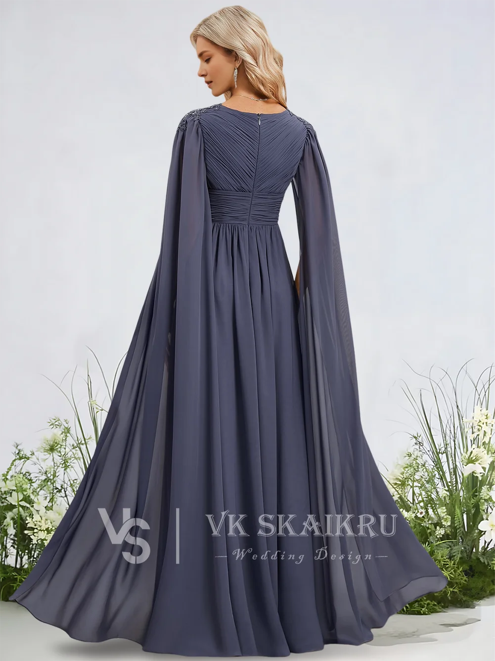 أ ​ المرأة العاصفة الطابق طول ثوب مسائي ألف خط الخامس الرقبة فستان من الشيفون مطوي الترتر الدانتيل يزين حفلة موسيقية حفل زفاف ​