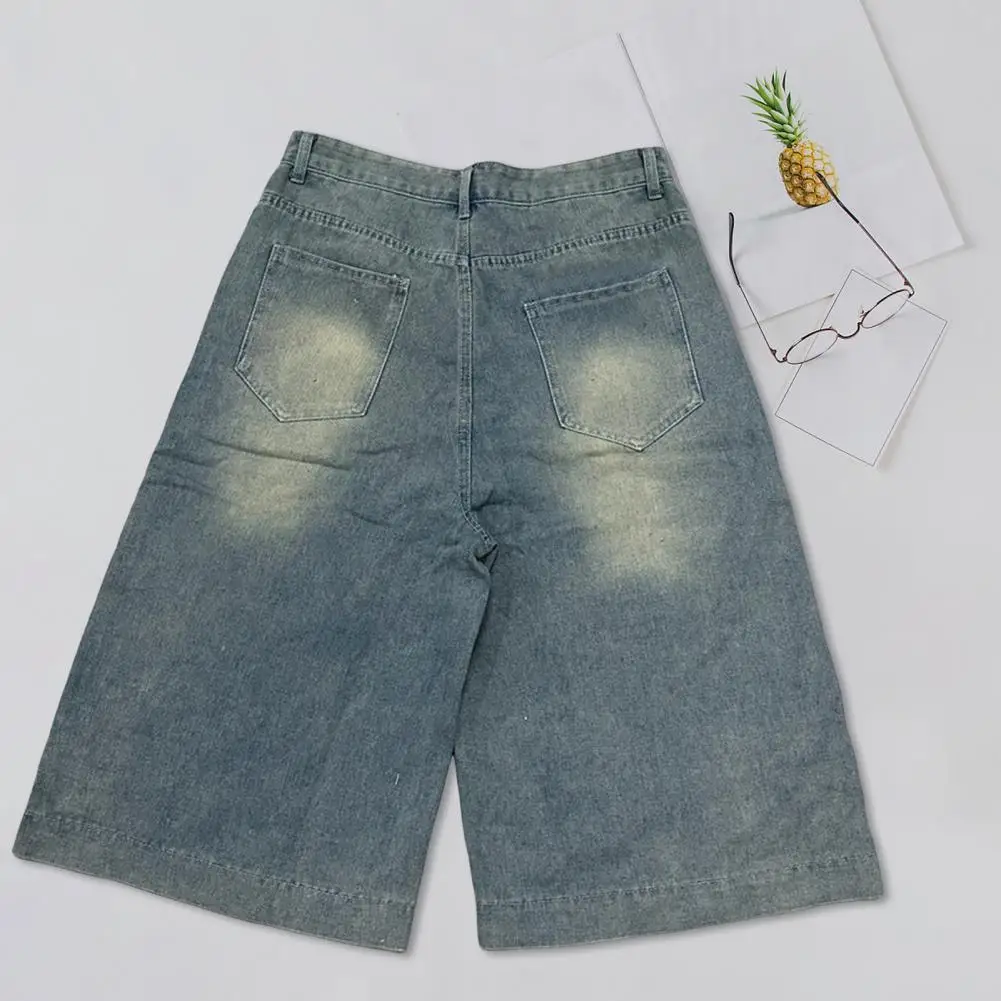 Jins Denim potong bergaya pria, jins Denim kaki lebar crop dengan kantung penutup kancing, celana Denim Retro ketat untuk anak sapi