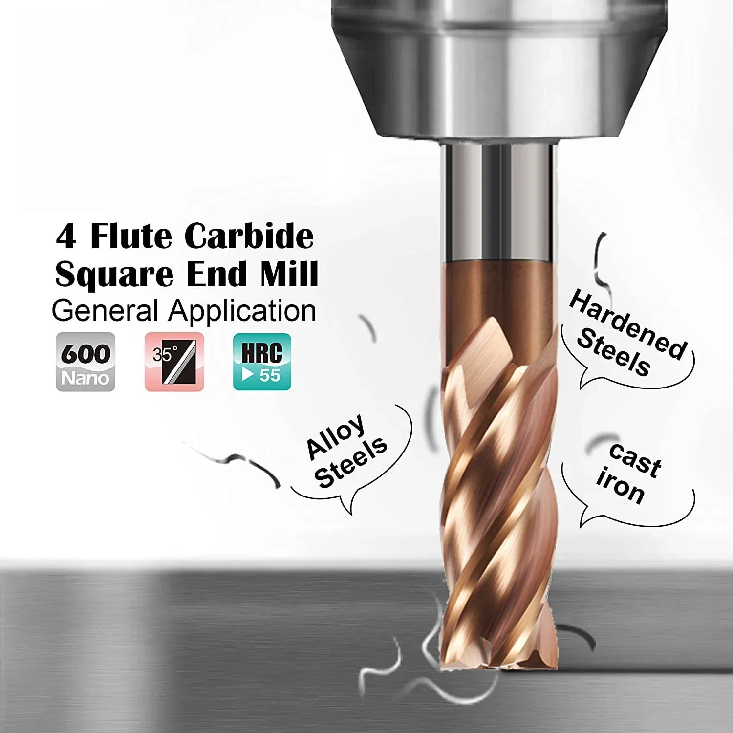 Mata profil persegi pemotong penggilingan baja Tungsten karbida HRC55 4 Flute End Mill dengan alat pemotong CNC yang dilapisi untuk logam