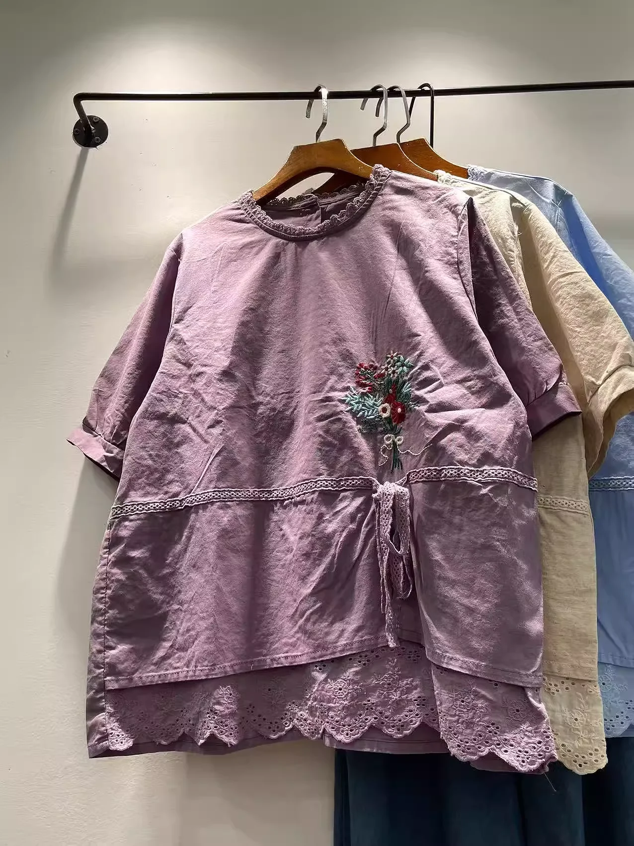 

2025 Mori girl summer Japan style beige purple blue floral embroidered shirts and blouses 100% cotton loose tops for women