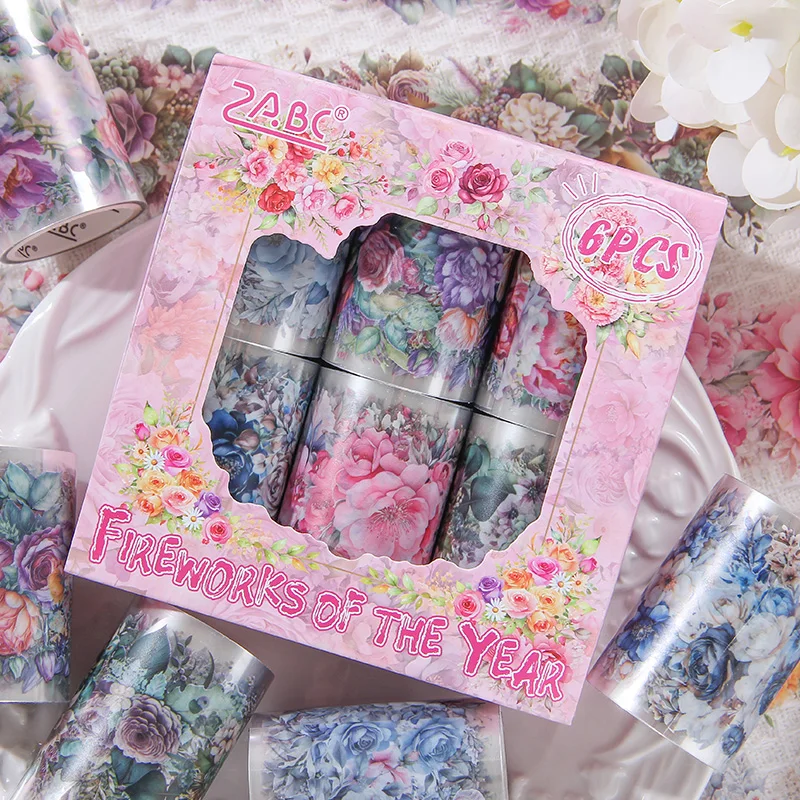 1Style 6Rolls/box Flower and Fire Years Series Boxed Tape Creative Material DIY Handbook Scrapbook Photo Frame Calendar