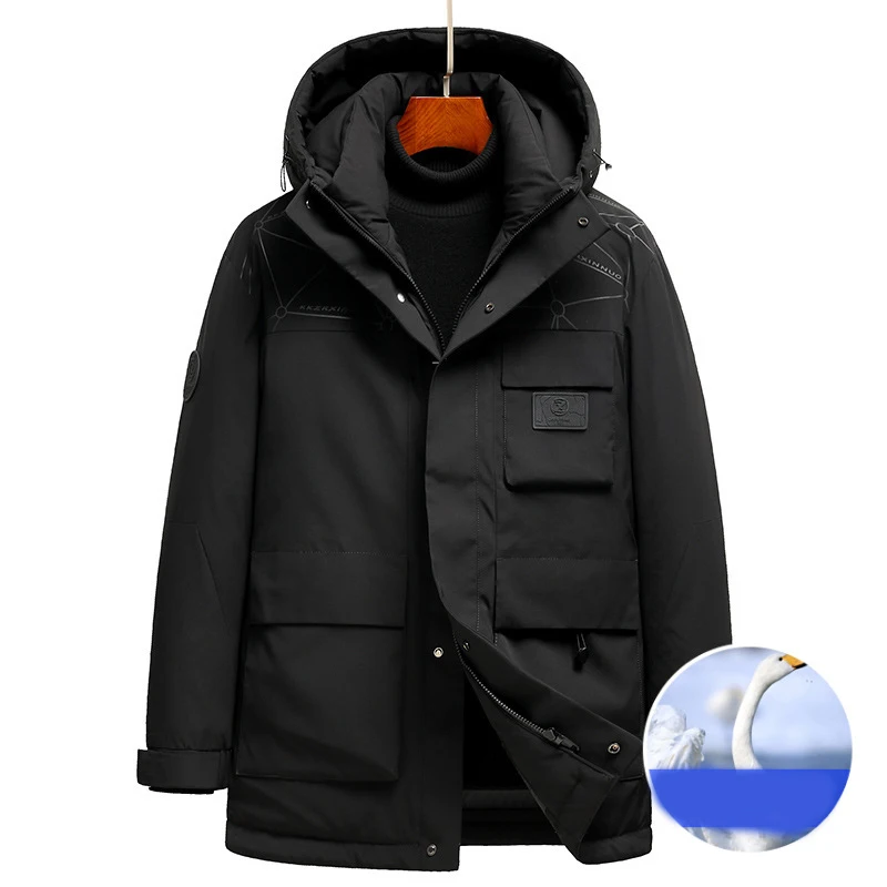 Men's Mid Length Hooded Down Jacket 2023 Winter Warm and Thickened Work Clothes Casual Jacket