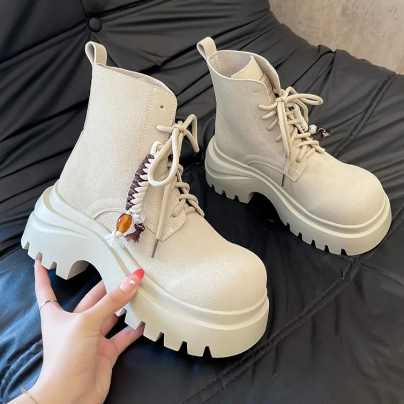 

Mid Heels Lace Up Short Boots for Women Fashion Platform Shoes 2025 Winter New Suede Ankle Boots Designer Sneakers Dress Pumps