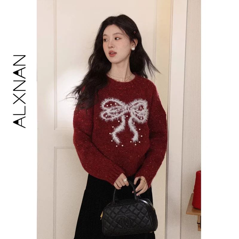 

ALXNAN Christmas Red Bow Knit Sweater Women 2026 Winter Korean Style Loose Long Sleeve Round Neck Warm Pearl Pullover L60117