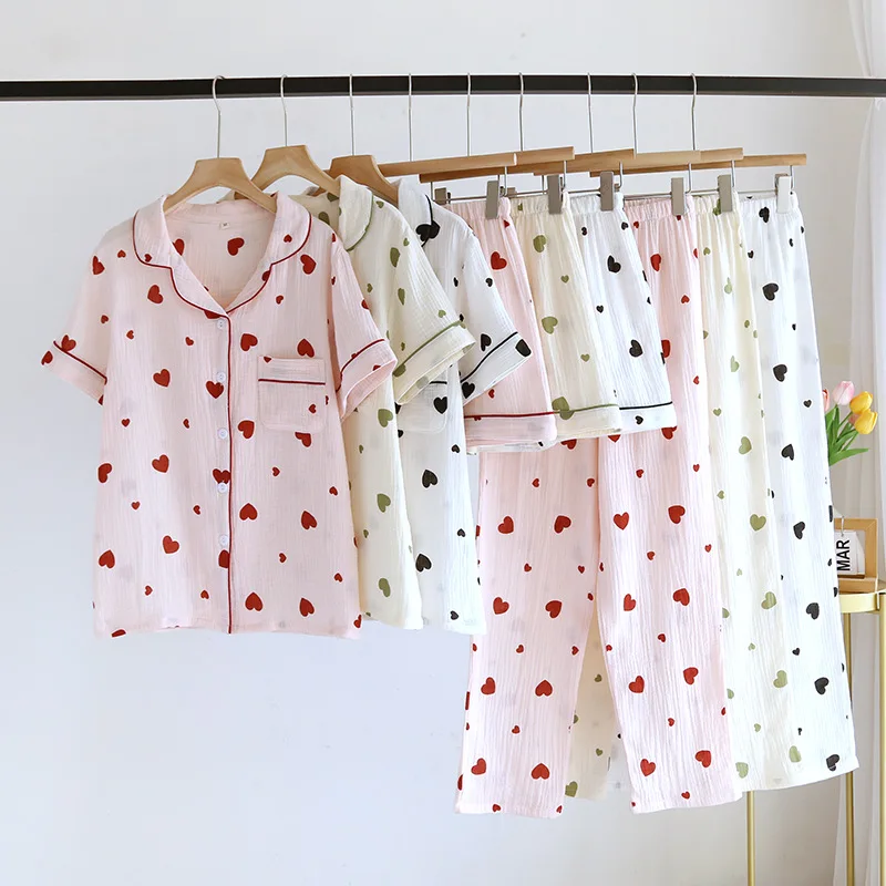 

Pure Cotton 3PCS Summer Pajamas Women Home Wear Lingerie Pyjama Set Clothes For Sleep Lapel Design Print Women's Nightie