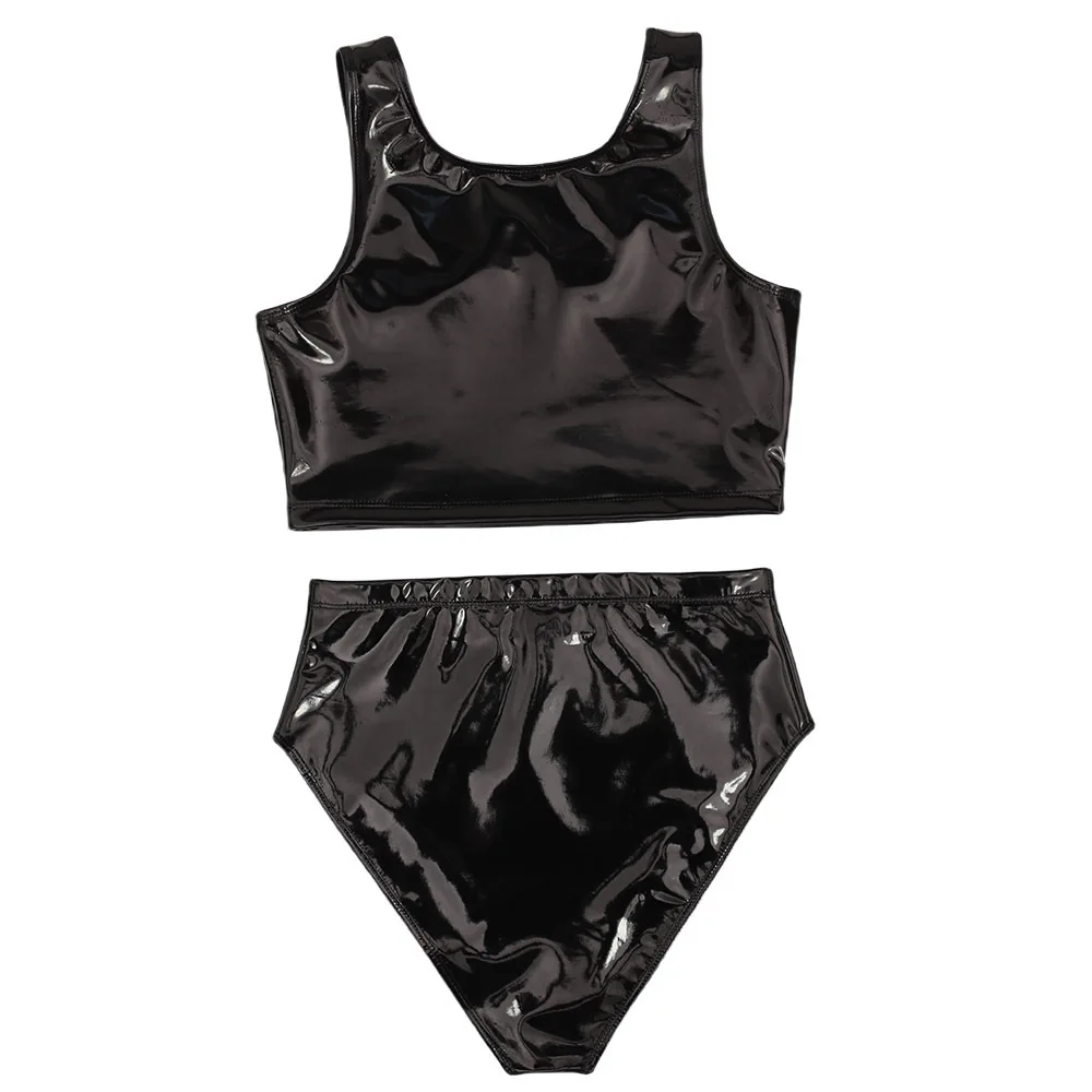 Women Vest Shiny PU Leather 2 Piece Outfit Sleeveless Crop Tank Top High Waist Shorts Set Wet Look Clubwear Briefs Party Costume view 3