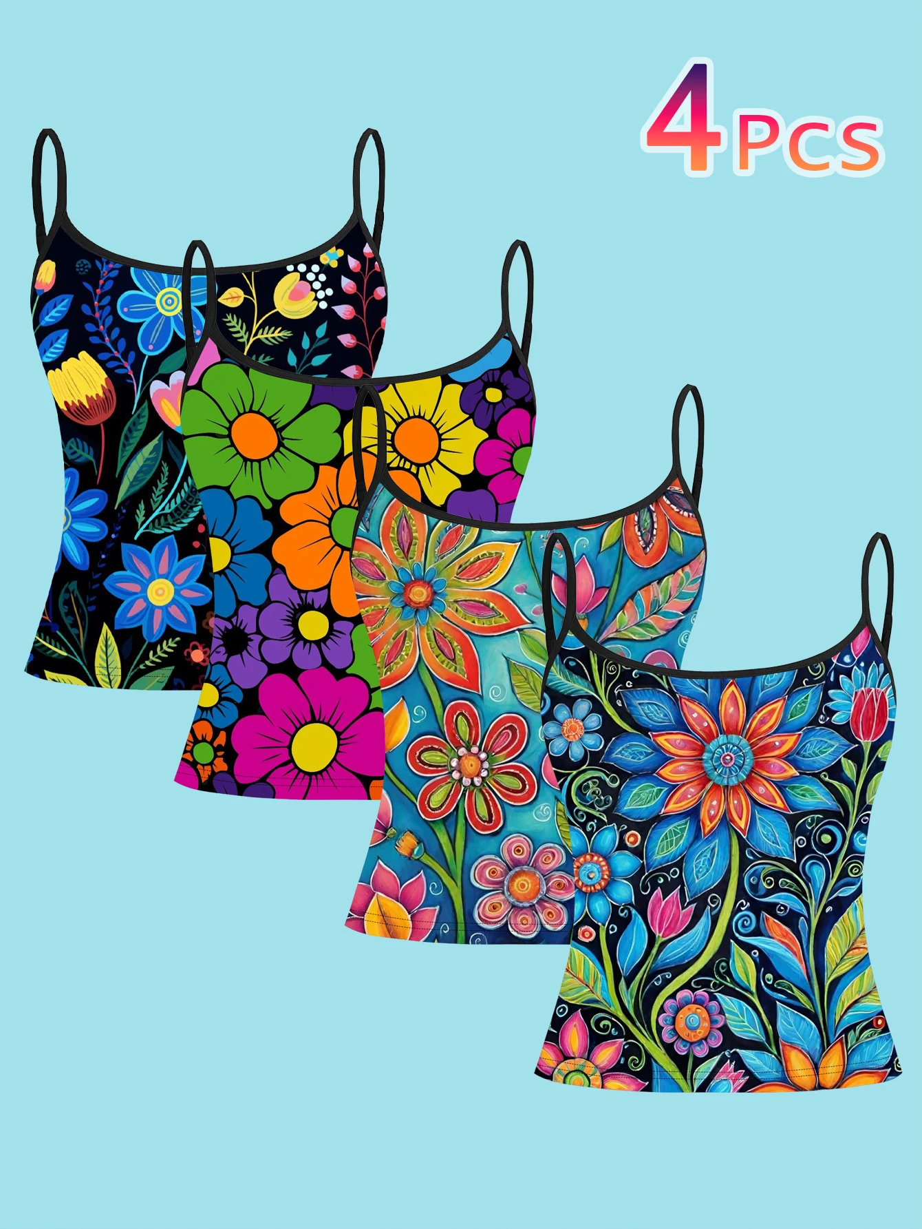 4-Piece Set of Mexican Folk Style Colorful Floral Print Camisole for Women, Hand-Painted Vibrant Exotic Floral Spaghetti Strap Waist-Cinching Slim-Fit Base Top, Cross-Border Vacation Casual Outerwear Camisole