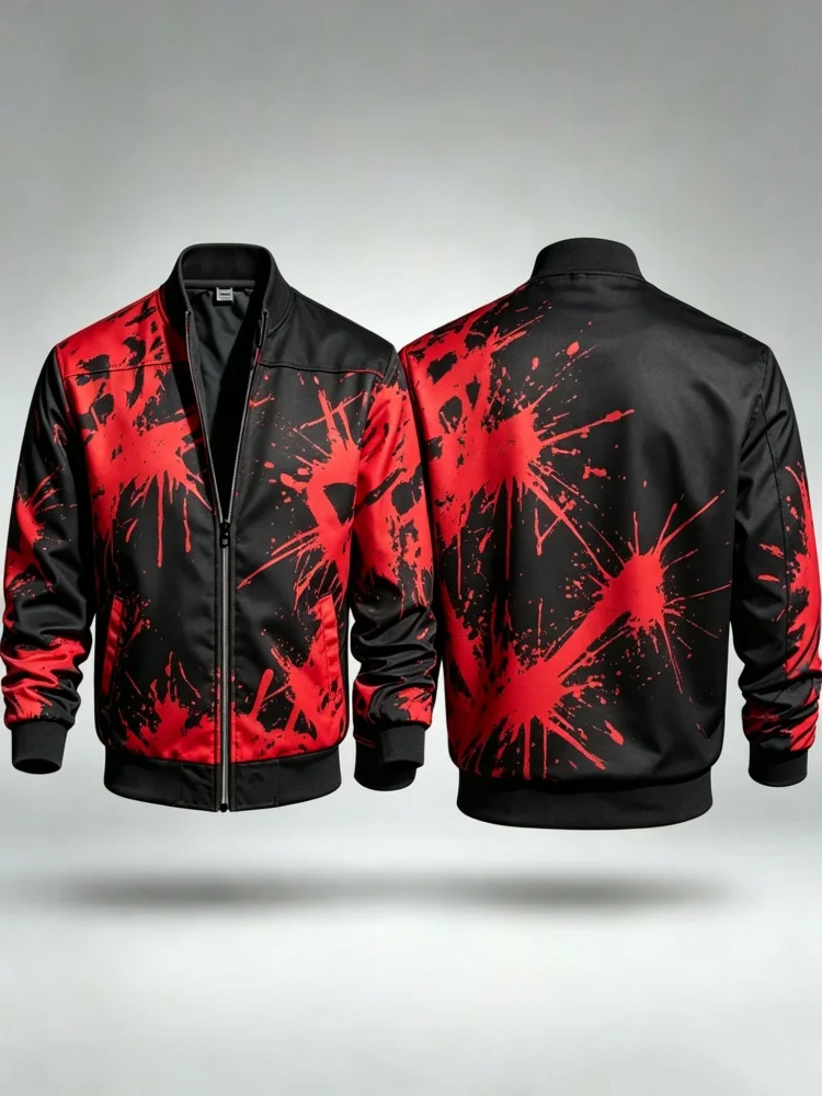 Men Slim Stand Collar Zip Bomber Jacket With Pockets Red Splash Ink Graffiti Street Casual Coat