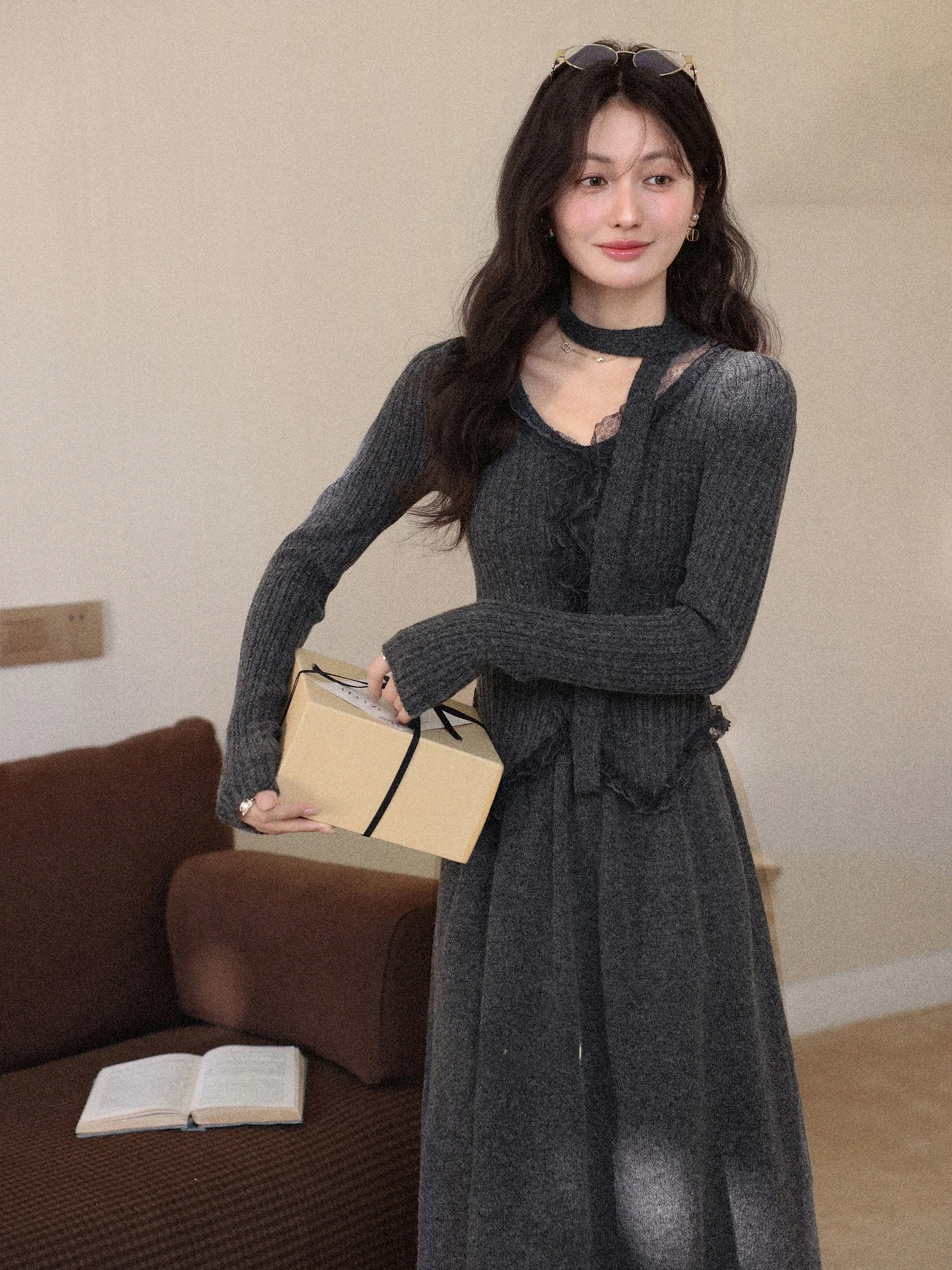 

ay Knitted Sweater And Skirt Two-Piece Set for Women Slim Fit Autumn Winter Faion Casual Sle Long Sve
