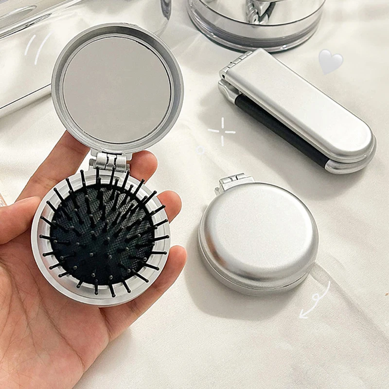 Round Silver Folding Air Bag Comb With Mirror Compact Pocket Size Portable Travel Hair Brush Cosmetic Mirror Head Massager