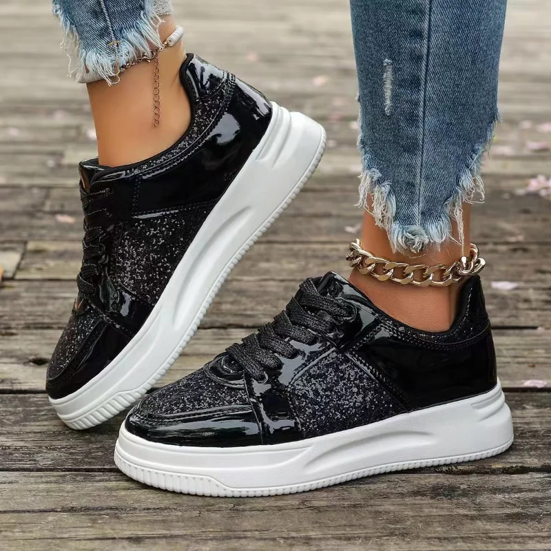 Women's Gold Sequins Platform Sneakers Autumn Fashion Casual Sports Shoes Thick Bottom Vulcanized Shoes Woman Flats Heels Shoes