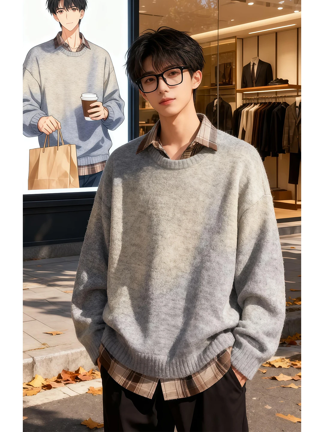 

Light ey Fake Two-Piece Men's Knitwear Collar Innerwear Outerwear Suitable for Autumn Winter Korean Sle Loose Fit