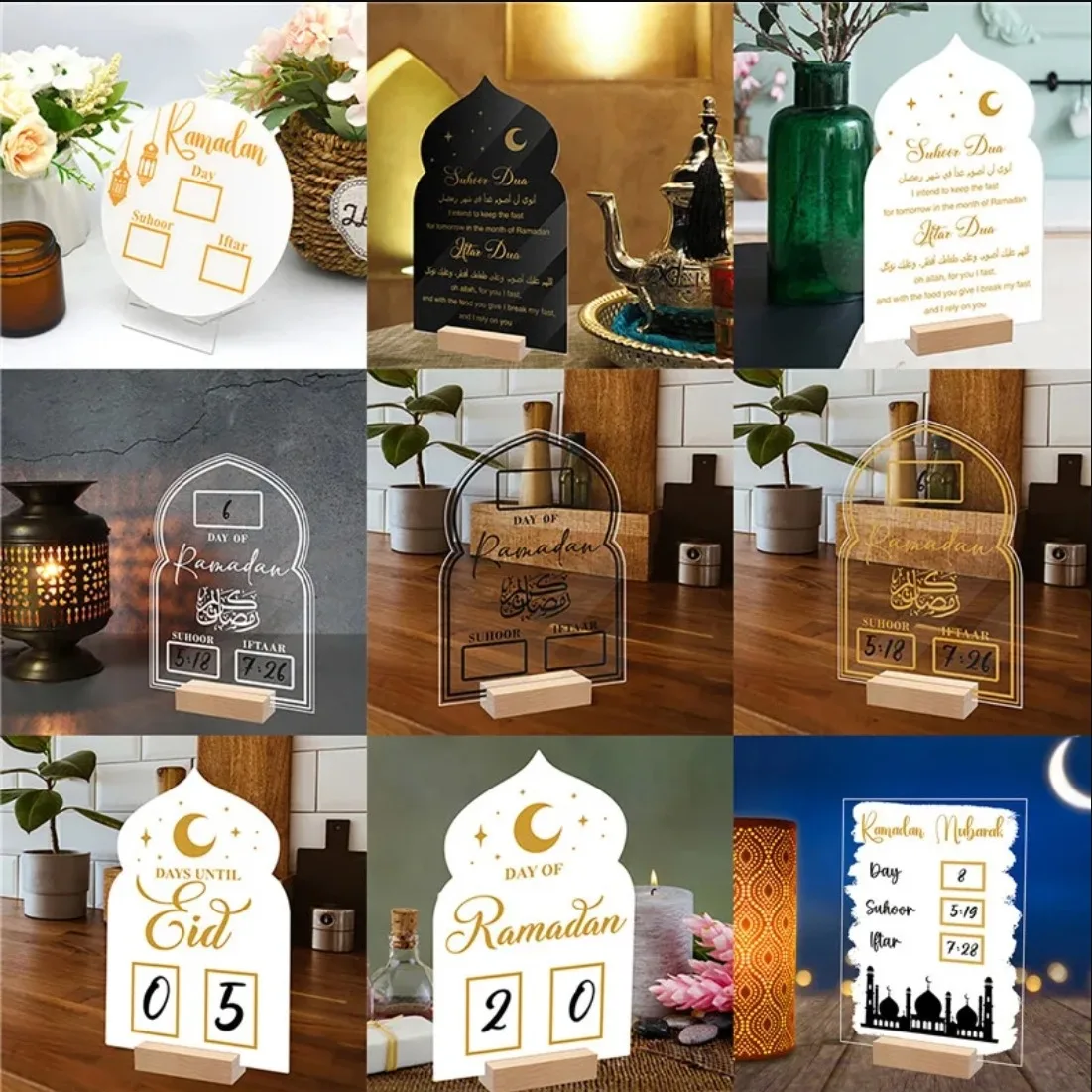 Reusable Acrylic Ramadan Calendar Board Wooden Base Table Ornament Mubarak Eid Advent Day Suhoor Iftaar Countdown Home Decor