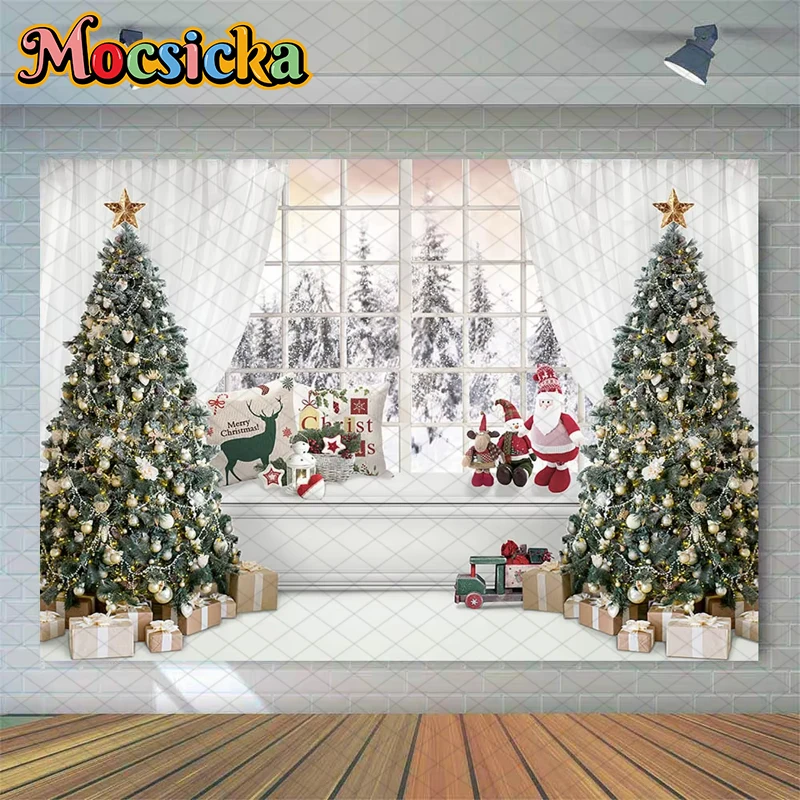 

Mocsicka Christmas Tree Photography Background Room Window White Curtain Toy Gifts Decoration Child Kids Portrait Photo Backdrop