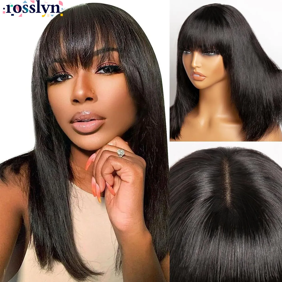 

Rosslyn Bone Прямые парики из натуральных волос с челкой Полный машинный 1b Черный парик Не кружево 3x1 Средняя часть парика из человеческих волос для женщин