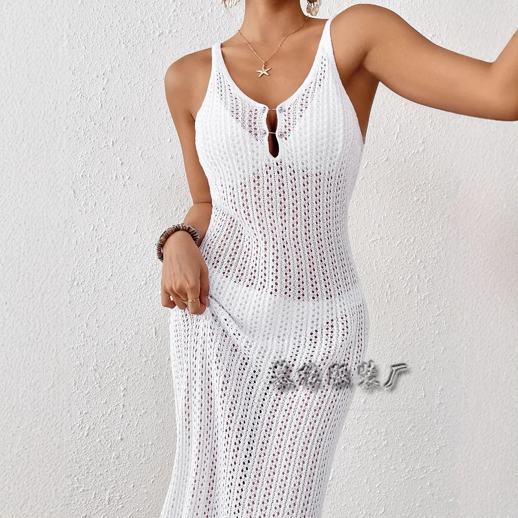 

Summer See Through Dresses Women's High Waist Strap Sexy Beach Vacation Solid Color Beachwear 2026 New Womens Long Dresses