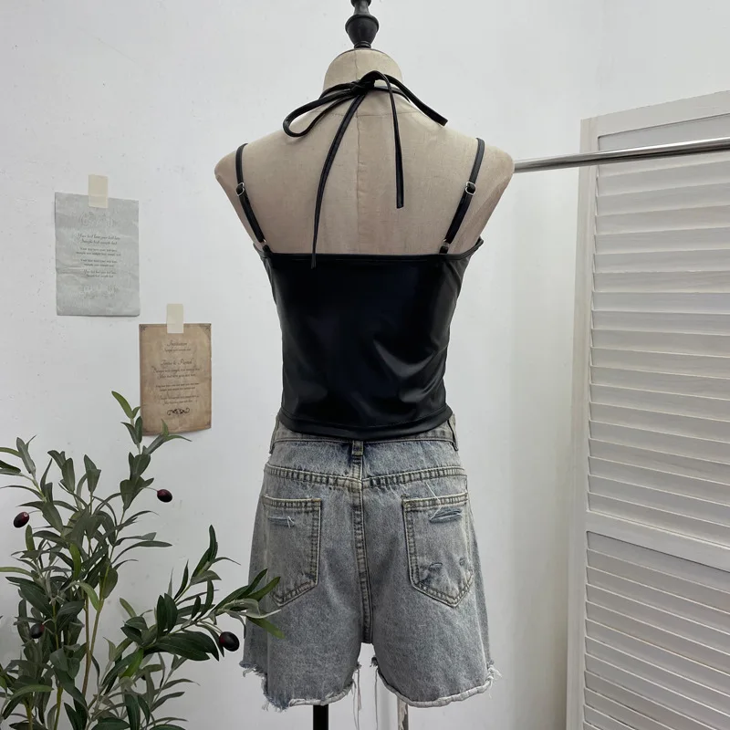 النساء خمر دراجة نارية الشرير بولي Leather الجلود الربط شبكة صيد السمك السباغيتي الحمالات أعلى فتاة باردة حبل سليم قصير الرسن أعلى 8106 #4