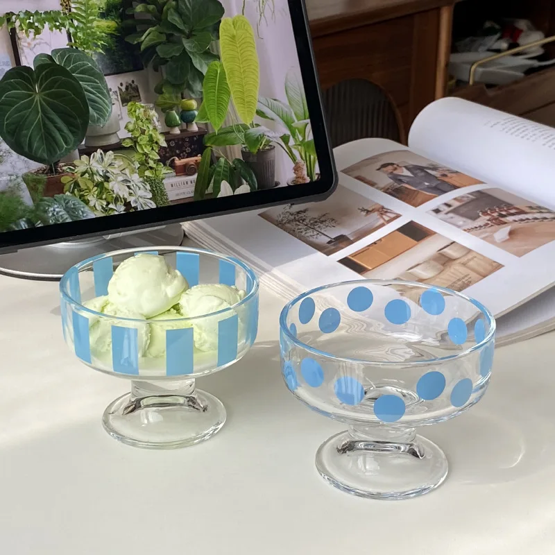 

Blue Striped Polka Dot High Foot Glass Cup Fre Sle Dert Ice Cr Cup Yogurt Pudding Cup Single Layer round ape