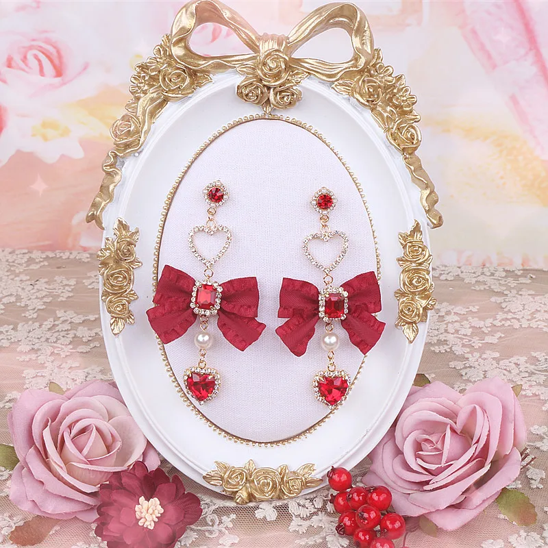 Japanese Style Girl Sweet Heart Shape Rhinestone Red Earrings Clip Customized Beaded Handmade 925 Silver Pin Earrings Ladies