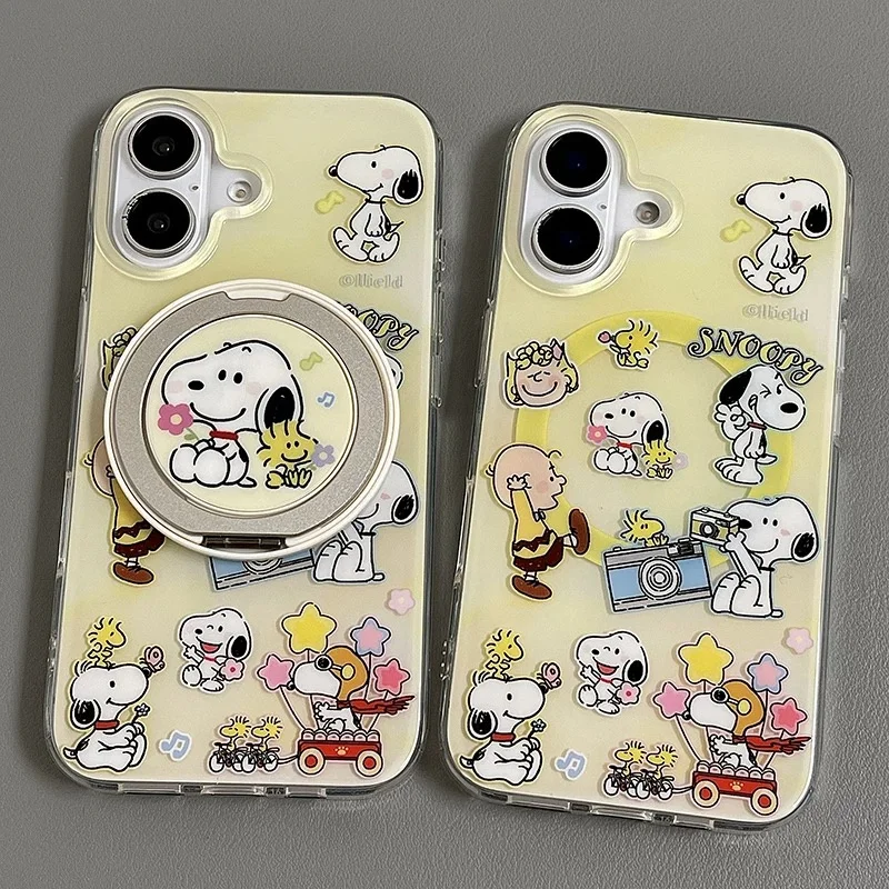 Cartoon Cute Photograph Snoopy Magsafe Wireless Charge Case For iPhone 16 15 13 14 13 12Pro Max 360 Rotate Snoopy Magnetic Stand