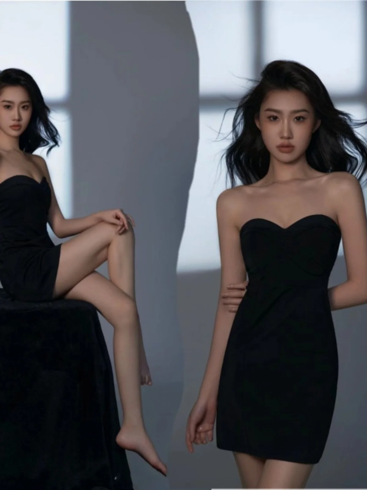 

Black Strapless Dress Portrait Photography Studio Teenage Girl Image Photo Shoot Fashion Simple Style Custom-Made Clothing