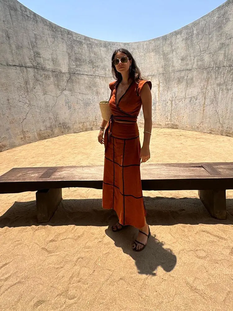 Elegant Contrast Striped Long Skirt Suits Women Chic V Neck Flying Sleeves Lace Up Crop Top Set 2024 Summer Lady Street Outfits