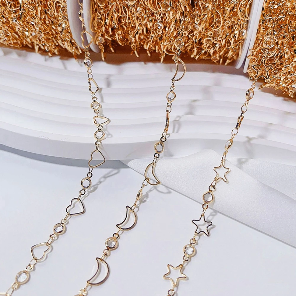 1meter Love Heart Rhinestone Bead Copper Chain Hollow Star Moon Links Crystal Beaded Necklace for DIY Jewelry Making Earrings