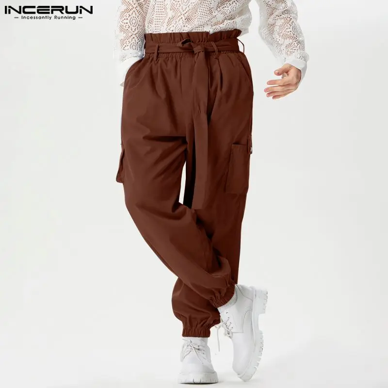 INCERUN męskie spodnie Cargo solidne biegacze spodnie z elastyczną talią męskie z paskiem Streetwear luźne 2024 moda Casual Pantalon S-5XL
