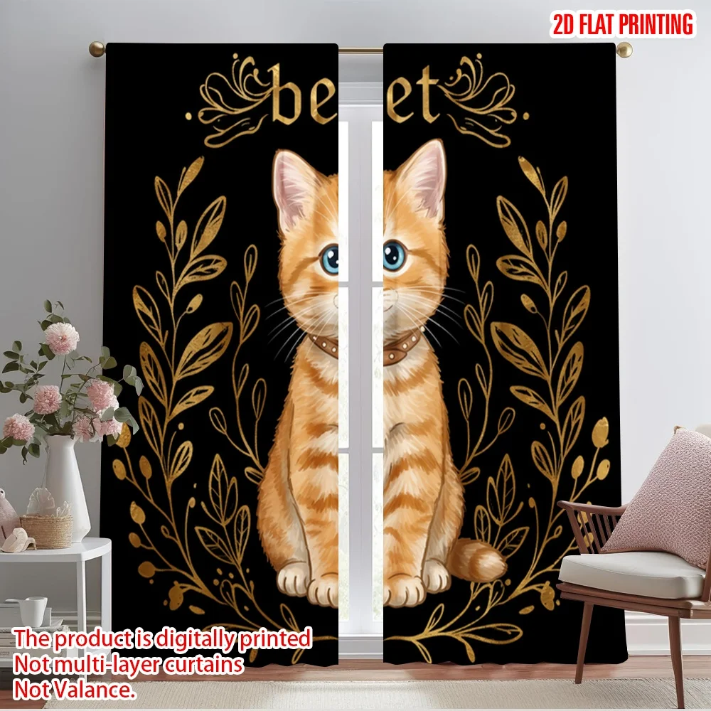 

2pcs 2D flat printing Drapes Cute Orange Tabby Cat Polyester Without Electricity Seasonal Party & Holiday Decor Use for Indoor