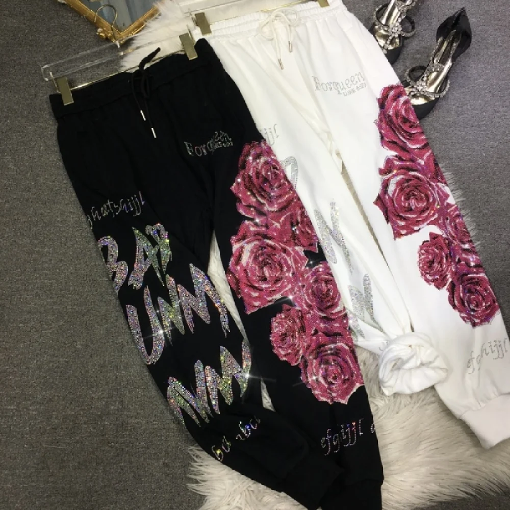 XL-4XL Plus Size 150kg Women's Pants Rhinestone Flower Large Size Sweatpants Casual Streetwear High Waisted Baggy Pants Woman