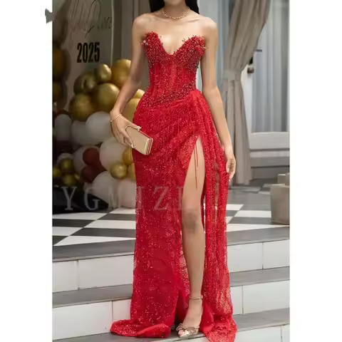 Shiny Luxury Formal Evening Dress Women's Elegant Beads High Split Red Graduacion Gown Prom Dress for Special Occasions