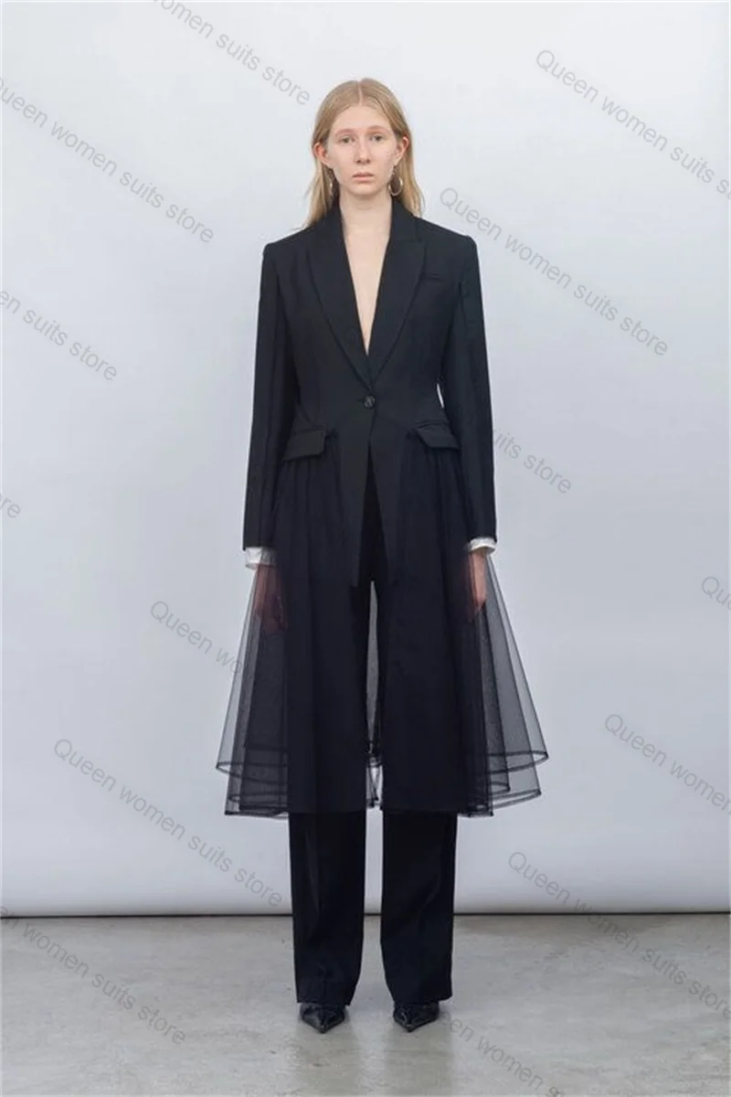 

Black Women Suit Set 2 Piece Blazer+Pant Trousers Tulle Train Business Formal Office Lady Jacket Wedding Coat Customized