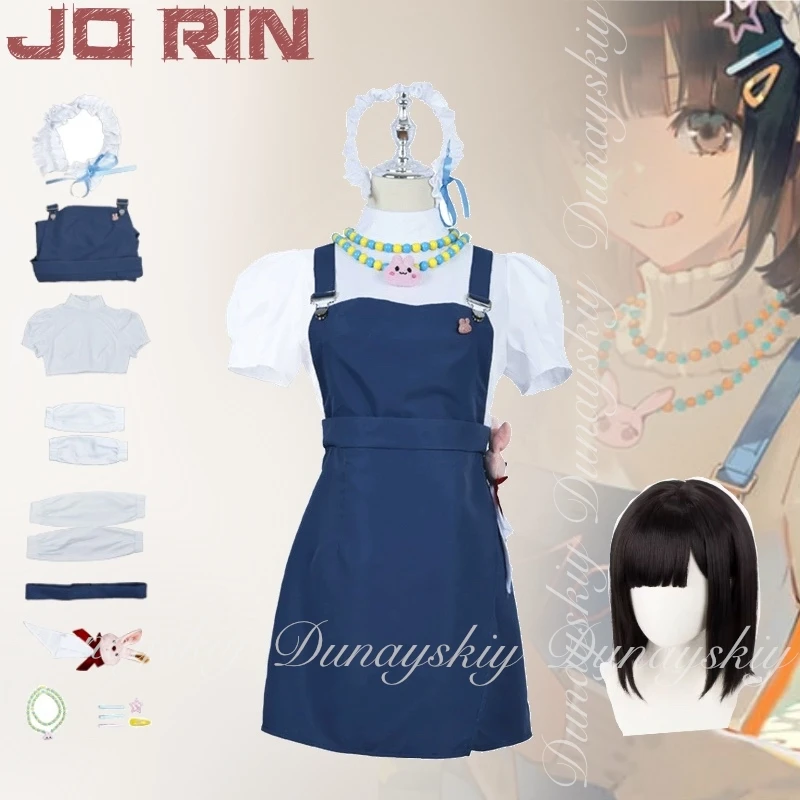 

Link Click Аниме Jo Rin Косплей Полный комплект - повседневный джинсовый сарафан, белая рубашка и черный короткий парик, полный костюм