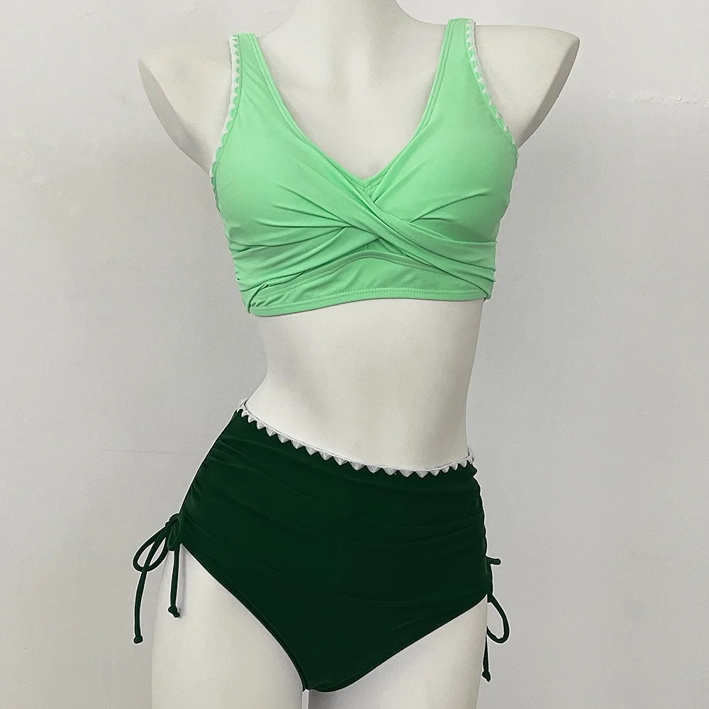Womens High Waisted Bikini Sets Drawstring Tummy Control Swimsuits Tie Side Bathing Suit Two Pieces Bikini Sets