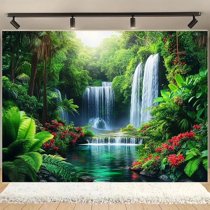 Tropical Rainforest Waterfall Tapestry - Lush Green Jungle Scenery, Natural Landscape Wall Decor, Serene Nature Art, Polyester