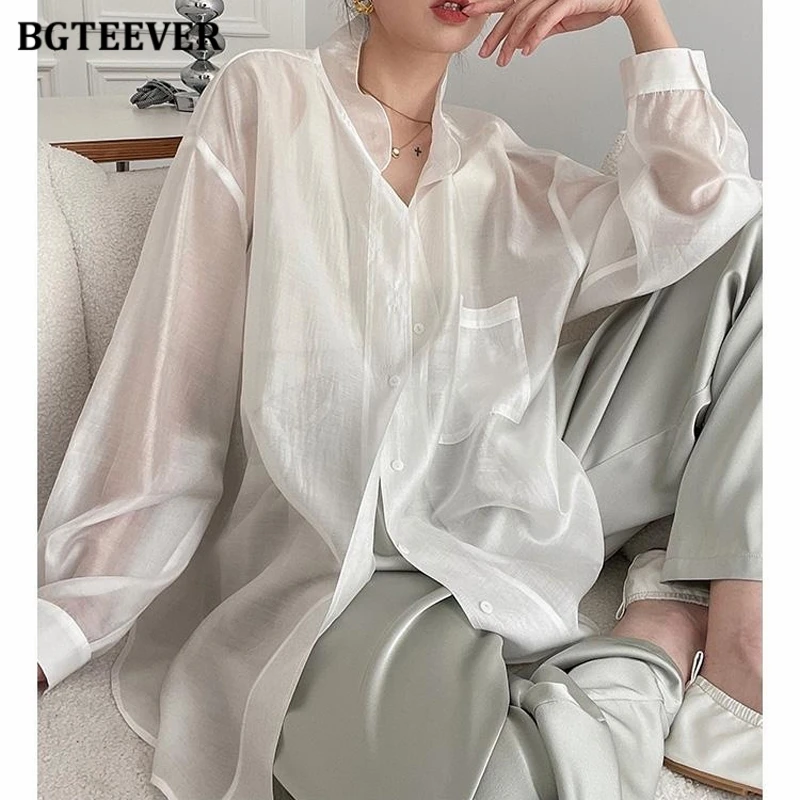 

Женская свободная блузка BGTEEVER с отложным воротником, повседневная, с длинным рукавом, с карманами, оверсайз