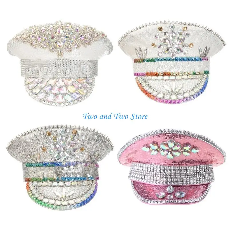 

HX6F Bejeweled Hat Glinting Crystal Heavy Pearls Captain Hat for Bachelorette Party