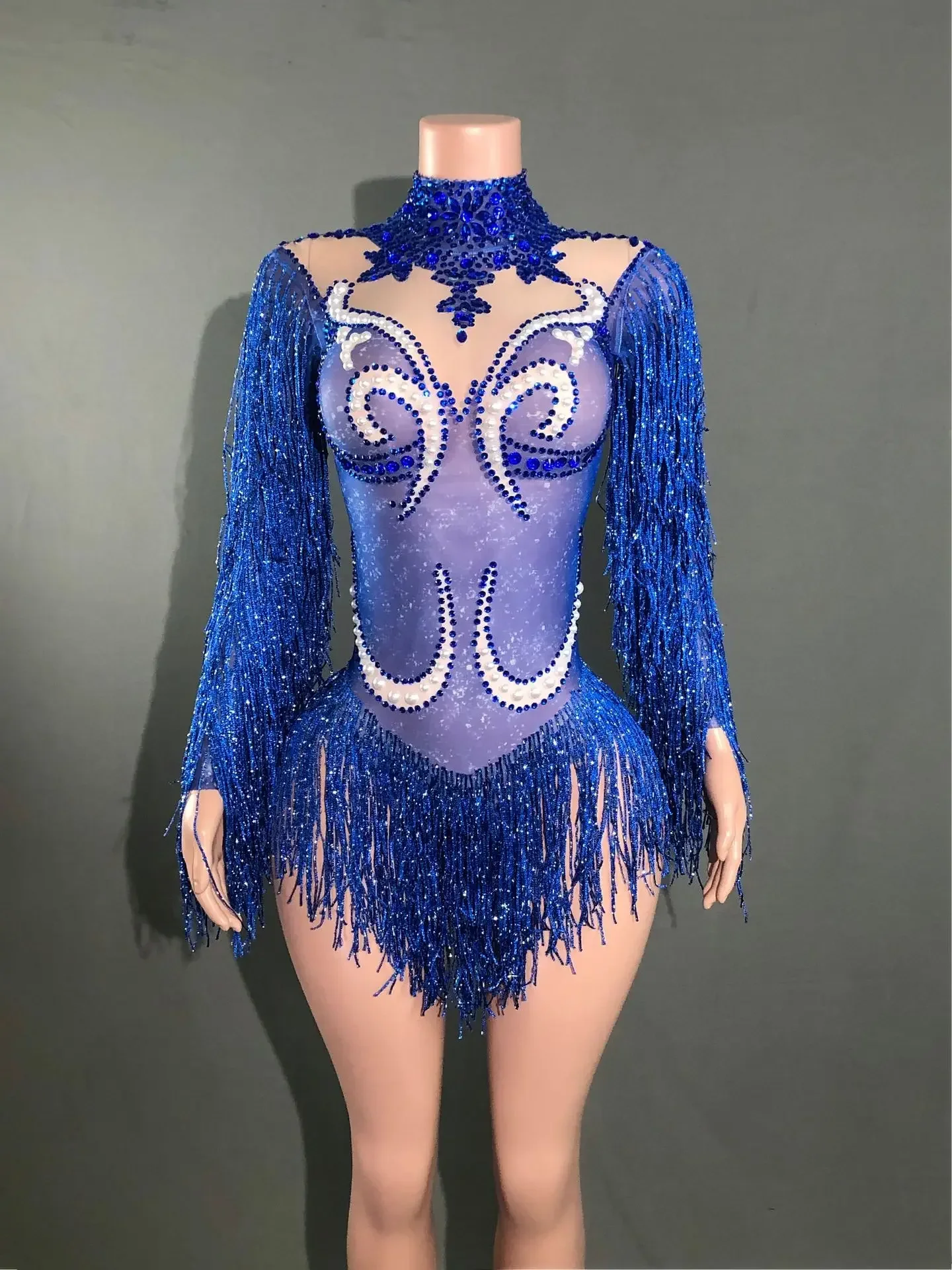 Neues Tanzkostüm für Frauen, Geburtstagsparty-Outfit, Luxuriöser Grauer Fransen-Body mit Silberfarbenen Strasssteinen und Perlen, Transparenter Bodysuit – Detail 11