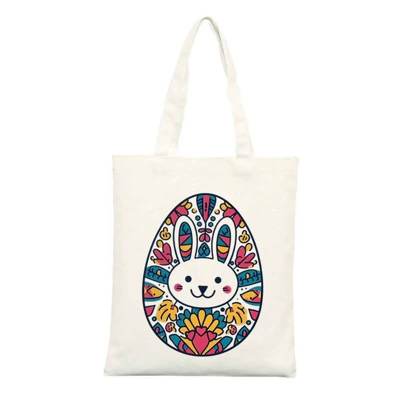Canvas Tote Bag with Rabbit and Floral Egg Pattern, Ideal for Easter Celebrations and Casual Outings