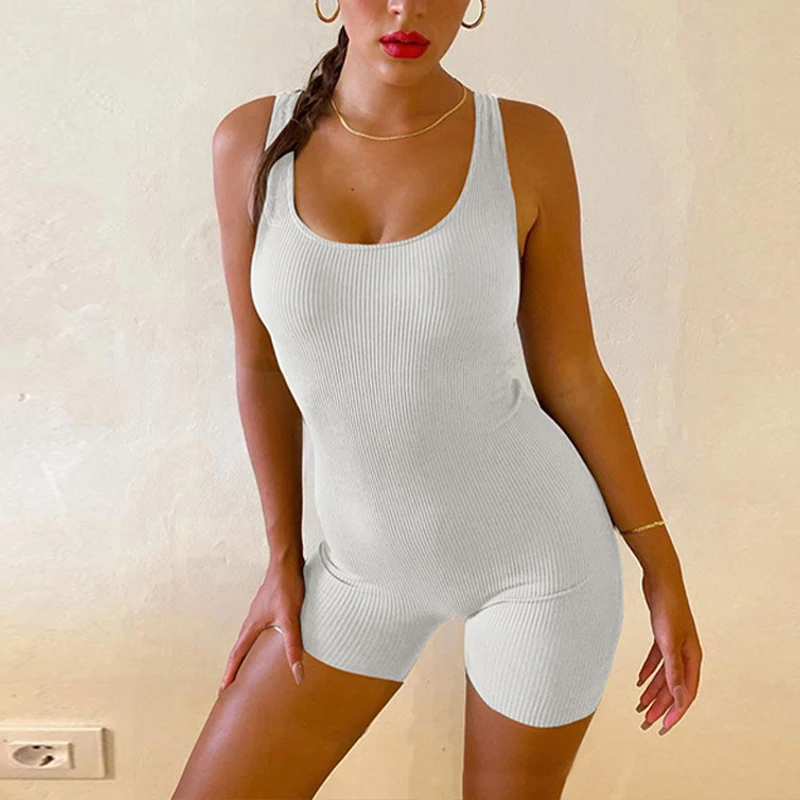 2024 Zomer Bodycon Rugloze Jumpsuits Nieuwe Vrouwen U-Hals Slim Fit Basic Tank Top Sexy Amerikaanse Club Mouwloze Spice Short