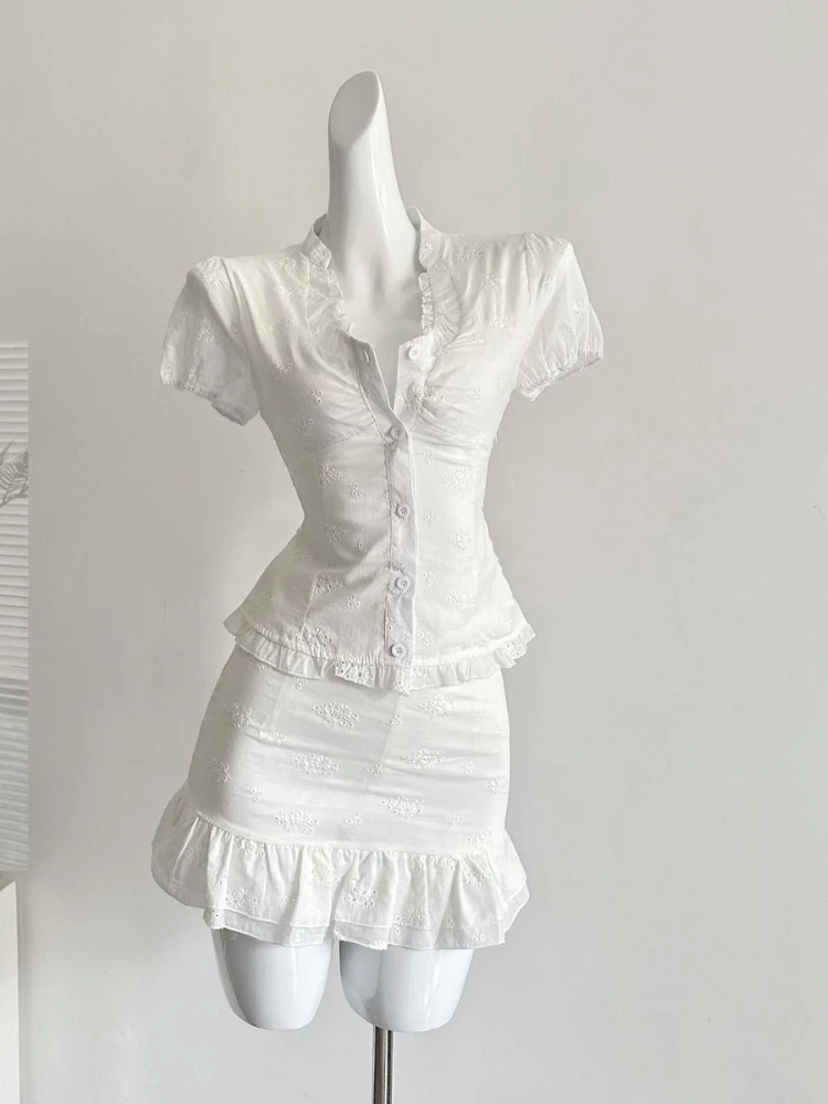

French Sweet Fit Chic White 2 Piece Set Women Design Sense Short-sleeved Shirt + A-line Mini Skirt New Pure Desire Y2k Suit 2025